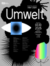 Na środku widnieje duży biały napis "Umwelt" na czarnym, nieregularnym tle przypominającym plamę atramentu. W centralnej części grafika oka. Na dole plama w kolorach tęczy.