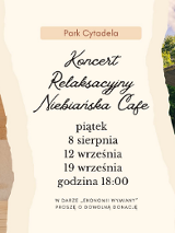 Grafika podzielona na trzy części. Z lewej kobieta siedząca na ziemi i grająca na misie relaksacyjnej. Na środku informacje zawarte w treści artykułu. Z prawej strony zdjęcie Herbaciarni Niebiańska.