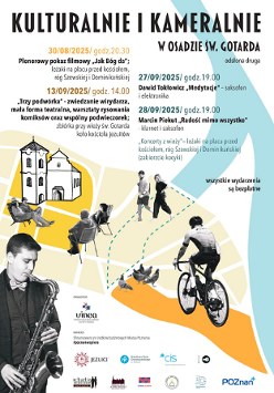 Biało-czarne zdjęcia gołębi, ludzi. Rysunek klasztoru. W tle kolorowa mapa Poznania. Szczegółowe informacje dotyczące wydarzenia w treści artykułu.