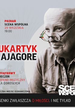 Z prawej strony zdjęcie Piotra Bukartyka, z lewej informacje na temat wydarzenia.