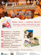 W prawym dolnym rogu 3 zdjęcia prezentujące alpaki, kapibarę i rysunek przedstawiający dom. U góry grafika liści oraz zdjęcie dłoni trzymającej czerwoną kroplę z krzyżem, symbolizującą krwiodawstwo. Szczegółowe informacje na temat wydarzenia zawarte w treści artykułu.