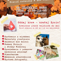 W prawym dolnym rogu 3 zdjęcia prezentujące alpaki, kapibarę i rysunek przedstawiający dom. U góry grafika liści oraz zdjęcie dłoni trzymającej czerwoną kroplę z krzyżem, symbolizującą krwiodawstwo. Szczegółowe informacje na temat wydarzenia zawarte w treści artykułu.