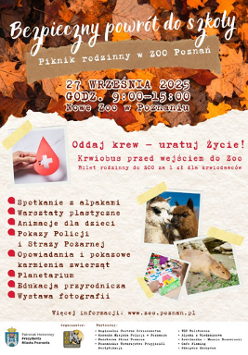 W prawym dolnym rogu 3 zdjęcia prezentujące alpaki, kapibarę i rysunek przedstawiający dom. U góry grafika liści oraz zdjęcie dłoni trzymającej czerwoną kroplę z krzyżem, symbolizującą krwiodawstwo. Szczegółowe informacje na temat wydarzenia zawarte w treści artykułu.