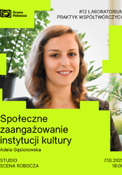 Uśmiechnięta kobieta siedzi na kanapie. W tle zielone rośliny. Na pierwszym planie zielone kwadraty i prostokąty oraz tytuł spotkania i imię i nazwisko gościa spotkania. Szczegóły zawarte w treści artykułu.