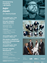 Trzy grafiki z prawej strony. Górna grafika przedstawia zdjęcie mężczyzny z brodą w niebieskim świetle. Środkowa prezentuje zdjęcie grupy muzyków zrobione od góry. Dolna grafika to portret kwartetu smyczkowego, dwie kobiety i dwóch mężczyzn. Z lewej strony lista występujących osób i kompozytorów.