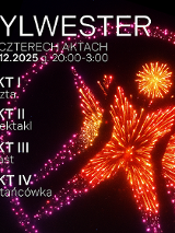 Na ciemnym tle fajerwerski w kształcie logo Polskiego Teatru Tańca oraz informacje na temat wydarzenia.