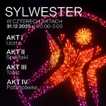 Na ciemnym tle fajerwerski w kształcie logo Polskiego Teatru Tańca oraz informacje na temat wydarzenia.