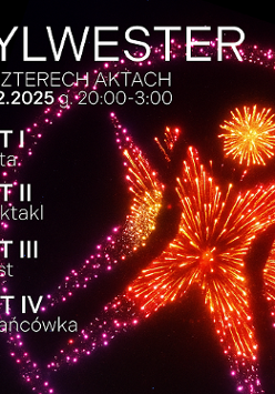 Na ciemnym tle fajerwerski w kształcie logo Polskiego Teatru Tańca oraz informacje na temat wydarzenia.