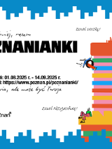 na białym tle kolorowy wysoki budynek, z boku budynku niewielkie wspinające się kolorowe postaci. Czarne napisy z informacjami.