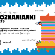 na białym tle kolorowy wysoki budynek, z boku budynku niewielkie wspinające się kolorowe postaci. Czarne napisy z informacjami.