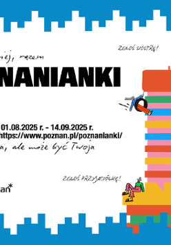 na białym tle kolorowy wysoki budynek, z boku budynku niewielkie wspinające się kolorowe postaci. Czarne napisy z informacjami.