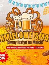 W tle znajduje się duży kufel piwa z pianą. Przed nim na froncie znajdują się precle, kiełbasy i liście oraz kłosy chmielu. Na czerwonym tle widnieje napis "book now". Oprócz tego szczegółowe informacje zawarte w treści artykułu.