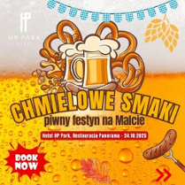 W tle znajduje się duży kufel piwa z pianą. Przed nim na froncie znajdują się precle, kiełbasy i liście oraz kłosy chmielu. Na czerwonym tle widnieje napis "book now". Oprócz tego szczegółowe informacje zawarte w treści artykułu.