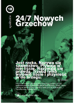 na zielonym tle po prawej stronie na podłodze siedzi mężczyzna i kobieta, po lewej stronie stoi, patrząc na siedzących, również kobieta i mężczyna. Na plakacie również znajdują się informacje o spektaklu.