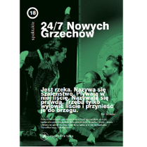 na zielonym tle po prawej stronie na podłodze siedzi mężczyzna i kobieta, po lewej stronie stoi, patrząc na siedzących, również kobieta i mężczyna. Na plakacie również znajdują się informacje o spektaklu.