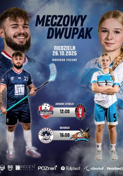 Po lewej stronie stoi zawodnik w granatowym stroju z kijem do unihokeja, po prawej zawodniczka w biało-niebieskim stroju z rękami skrzyżowanymi. Tło jest niebieskie z efektem dymu i światła. W środkowej części szczegółowe informacje na temat wydarzenia zawarte w treści artykułu.