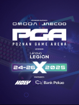 Tło w odcieniach ciemnego fioletu z grafikami sprzętu gamingowego (klawiatura, laptop gamingowy). Na środku duże logo PGA - Poznań Game Arena. Powyżej loga sponsora głównego, poniżej sponsor, data wydarzenia oraz partnerzy.