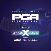 Tło w odcieniach ciemnego fioletu z grafikami sprzętu gamingowego (klawiatura, laptop gamingowy). Na środku duże logo PGA - Poznań Game Arena. Powyżej loga sponsora głównego, poniżej sponsor, data wydarzenia oraz partnerzy.