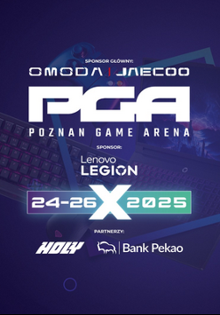Tło w odcieniach ciemnego fioletu z grafikami sprzętu gamingowego (klawiatura, laptop gamingowy). Na środku duże logo PGA - Poznań Game Arena. Powyżej loga sponsora głównego, poniżej sponsor, data wydarzenia oraz partnerzy.