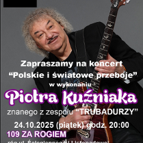 Zdjęcie Piotra Kuźniaka trzymającego gitarę na szarym tle. Na froncie napisy. Szczegóły dotyczące wydarzenia zawarte w treści artykułu.