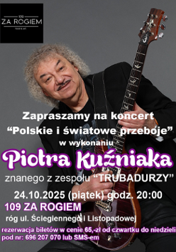 Zdjęcie Piotra Kuźniaka trzymającego gitarę na szarym tle. Na froncie napisy. Szczegóły dotyczące wydarzenia zawarte w treści artykułu.