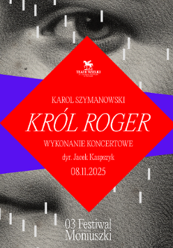 w tle fragment twarzy z widocznym okiem i ustami, na tym niebieska szeroka linia biegnąca w poprzek plakatu oraz czerwony romb z informacjami o spektaklu