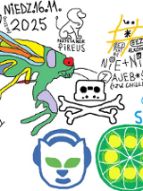 Kolorowy plakat w stylu rysunków odręcznych z programu Paint na białym tle. Na plakacie widoczny jest wielobarwny owad, symbole pirackie, loga Napstera i LimeWire, logo nazwa klubu dyskusyjnego oraz szczegóły na temat wydarzenia zawarte w treści artykułu.