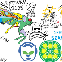 Kolorowy plakat w stylu rysunków odręcznych z programu Paint na białym tle. Na plakacie widoczny jest wielobarwny owad, symbole pirackie, loga Napstera i LimeWire, logo nazwa klubu dyskusyjnego oraz szczegóły na temat wydarzenia zawarte w treści artykułu.