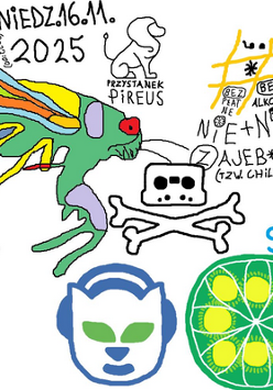 Kolorowy plakat w stylu rysunków odręcznych z programu Paint na białym tle. Na plakacie widoczny jest wielobarwny owad, symbole pirackie, loga Napstera i LimeWire, logo nazwa klubu dyskusyjnego oraz szczegóły na temat wydarzenia zawarte w treści artykułu.