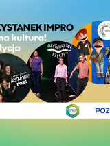 W tle gradient w kolorach niebieskim, żółtym i zielonym. W centrum trzy okrągłe zdjęcia. Pierwsze przedstawia grupę improwizatorów pozujących w czarnych strojach z napisem "grupa impro Leniwe Raz". Drugie zdjęcie ukazuje trzy osoby występujące na scenie pod szyldem "Niestworzone Rzeczy". Trzecie przedstawia kolorowe pacynki na kolorowym tle z logo "Kreownia". Na dole znajdują się logotypy: ODK "Pod Lipami" oraz Poznania.