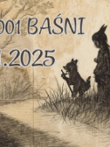 Ilustracja w stylu rysunku, która przedstawia dwie postaci o baśniowym wyglądzie idące ścieżką wzdłuż rzeki. Wyższa postać ma długi kij, mniejsza przypomina małe stworzenie.