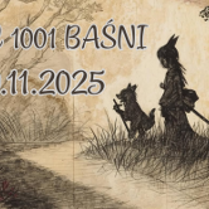 Ilustracja w stylu rysunku, która przedstawia dwie postaci o baśniowym wyglądzie idące ścieżką wzdłuż rzeki. Wyższa postać ma długi kij, mniejsza przypomina małe stworzenie.