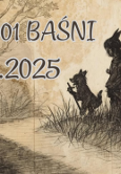 Ilustracja w stylu rysunku, która przedstawia dwie postaci o baśniowym wyglądzie idące ścieżką wzdłuż rzeki. Wyższa postać ma długi kij, mniejsza przypomina małe stworzenie.