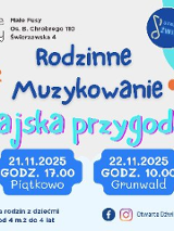 U góry znajdują się logotypy Małe Fusy oraz Otwarte Dźwięki. W centralnej części widoczny jest tytuł wydarzenia ozdobiony nutkami. Wyróżnione są szczegóły wydarzenia w formie białych napisów na niebieskich polach, zawarte w treści artykułu.