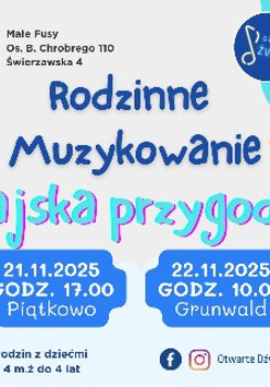 U góry znajdują się logotypy Małe Fusy oraz Otwarte Dźwięki. W centralnej części widoczny jest tytuł wydarzenia ozdobiony nutkami. Wyróżnione są szczegóły wydarzenia w formie białych napisów na niebieskich polach, zawarte w treści artykułu.
