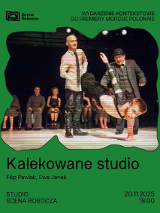 W zielonej ramce wyciętej w nieregularny kształt znajduje się zdjęcie przedstawiające grupę artystów performujących na scenie. Na zielonym tle znajdują się logo sceny roboczej oraz szczegóły wydarzenia zawarte w treści artykułu.