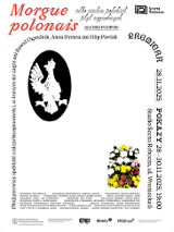 Minimalistyczna, biało-czarna grafika promująca spektakl. Po lewej stronie znajduje się pionowy napis po polsku: "Spektakl o niepełnosprawności, w którym nie zagra żaden aktor". Nad nim umieszczono czarny owal z białą sylwetką ptaka o rozpostartych skrzydłach. Po prawej stronie widnieją informacje o wydarzeniu zawarte w treści artykułu. W dolnej części po prawej znajduje się kolorowa ilustracja bukietu kwiatów.