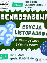 Na zielonym tle znajdują się trzy niebieskie dymki z białymi znakami zapytania. Obok widnieje biały napis "Edycja listopadowa", a niżej pytanie "Co wymyślimy tym razem?". W prawym dolnym rogu znajduje się niebieskie logo Otwarte dźwięki. Powyżej i poniżej grafik informacje o wydarzeniu, zawarte w treści artykułu.