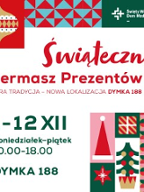 W centralnej części znajduje się czerwony napis "Świąteczny Kiermasz Prezentów", poniżej widoczne są informacje o wydarzeniu zawarte w treści artykułu. Po prawej stronie widoczne są świąteczne ilustracje, między innymi bombka, choinka, czapka Mikołaja i wzory w czerwono-zielonej kolorystyce. W prawym górnym rogu widnieje logo Domu Medialnego Święty Wojciech.