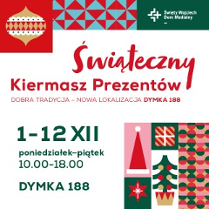 W centralnej części znajduje się czerwony napis "Świąteczny Kiermasz Prezentów", poniżej widoczne są informacje o wydarzeniu zawarte w treści artykułu. Po prawej stronie widoczne są świąteczne ilustracje, między innymi bombka, choinka, czapka Mikołaja i wzory w czerwono-zielonej kolorystyce. W prawym górnym rogu widnieje logo Domu Medialnego Święty Wojciech.