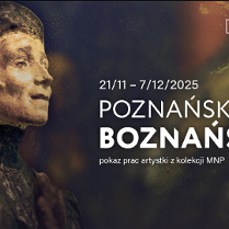 Na pierwszym planie z lewej strony widać rzeźbę przedstawiającą kobietę. Tło jest rozmyte utrzymane w cimnych barwach, przełamane jasną, żółto-zieloną i pomarańczową strugą światła. Z prawej strony informacje dotyczące wydarzenia zawarte w treści artykułu.