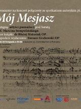 na brązowo-szarym tle znajdują się informacje o wydarzeniu napisane białymi i czarnymi literami oraz czarne nury zapisane na pięcioliniach układające się w kształt twarzy