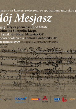 na brązowo-szarym tle znajdują się informacje o wydarzeniu napisane białymi i czarnymi literami oraz czarne nury zapisane na pięcioliniach układające się w kształt twarzy