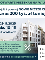 Na grafice biały budynek wielorodzinny. Wokół teksty informujące o wydarzeniu zawarte w treści artykułu, część napisów umieszczono obok zdjęcia, część na zielonym tle, a część na białym tle.