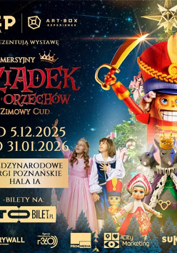 Kolorowa, świąteczna grafika przedstawiająca dużą postać dziadka do orzechów w królewskim stroju, trzymającego miecz.Na dole znajdują się tańczące lub pozujące dzieci w kostiumach baletowych, w tym dziewczynka w różowej sukni i inna trzymająca zabawkowego żołnierzyka. W tle widoczne są bajkowe postacie, w tym mysi król, dekoracje zimowe i świąteczne światła.