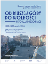 na plakacie zdjęcie placu Wolności w Poznaniu z góry wraz z informacjami o spacerze.