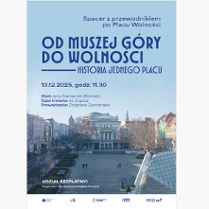 na plakacie zdjęcie placu Wolności w Poznaniu z góry wraz z informacjami o spacerze.