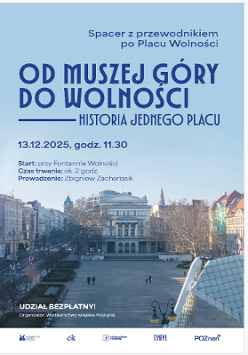 na plakacie zdjęcie placu Wolności w Poznaniu z góry wraz z informacjami o spacerze.
