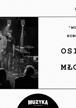 Czarno-białe zdjęcie zespołu na scenie. Z prawej strony tytuł wydarzenia napisany czarną czcionką na białym tle, umieszczony wraz ze zdjęciem w czarnej ramce. Na dole po środku logo klubu "Muzyka na nowo", do góry informacje o wydarzeniu zawarte w treści artykułu.