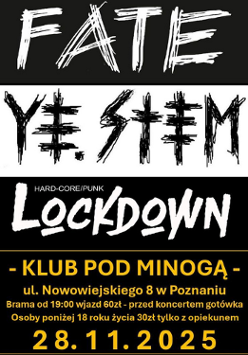 Nazwy zespołów na białym i czarnym tle. Na dole żółte napisy na czarnym tle - informacje o wydarzeniu zawarte w treści artykułu.